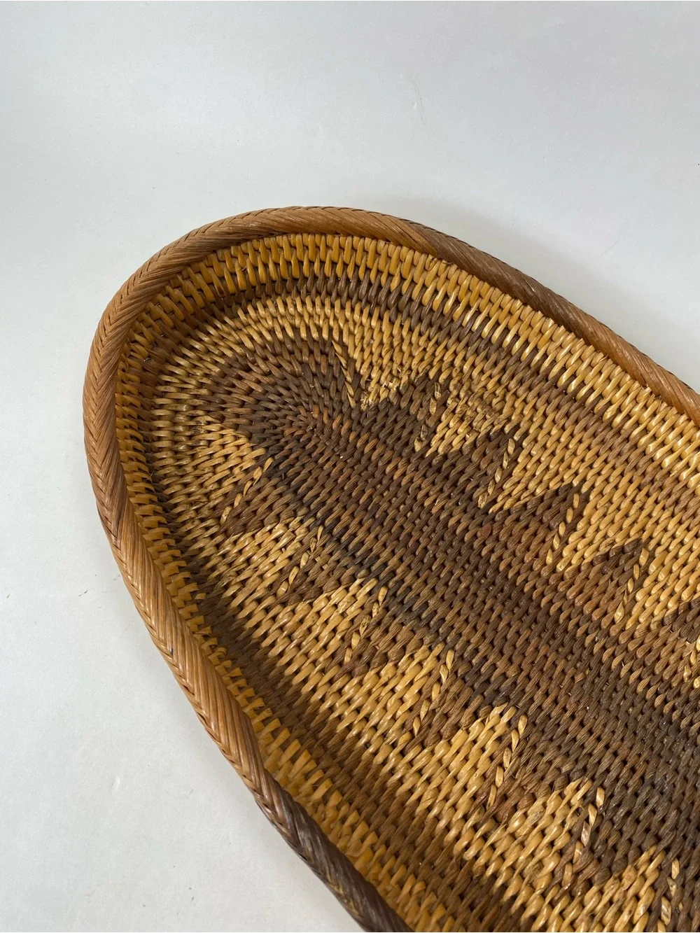 Artisan Two-Tone Hand-Woven Oval Oblong Geometric Pattern Rattan Basket Tray